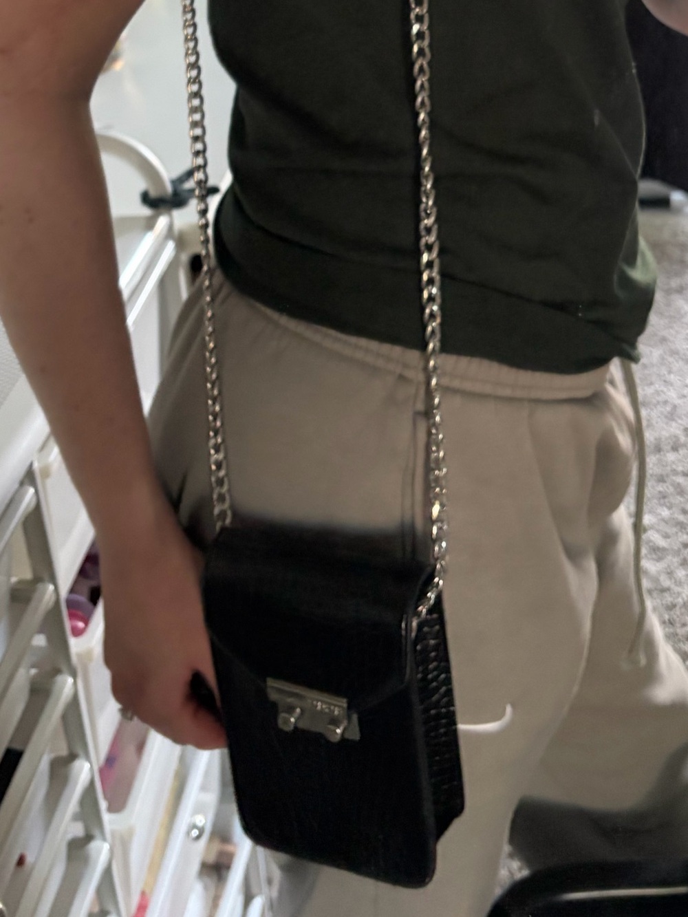 Dark Green Logo Tee with Black Crossbody Bag
